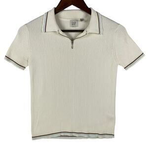 VTG GAP Women’s Ribbed Knit Polo Sweater M Ivory 1/4 Zip Short Sleeve Cotton